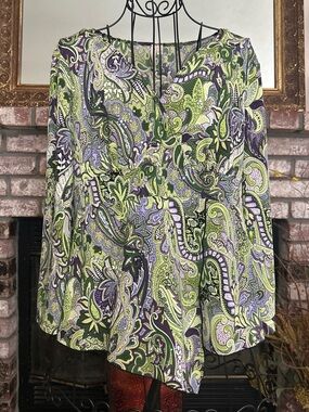 VTG Y2K Susan Lawrence Long Sleeve Sparkly Green Purple V Neck Top